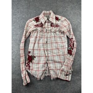VTG Guess Jeans Women's S Cotton Plaid Embroidered Roses Snap Shirt Western SEE